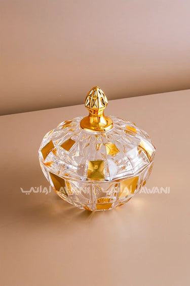 وعاء حلوى كريستال فاخر ذهبي وشفاف مع غطاء ذهبي
