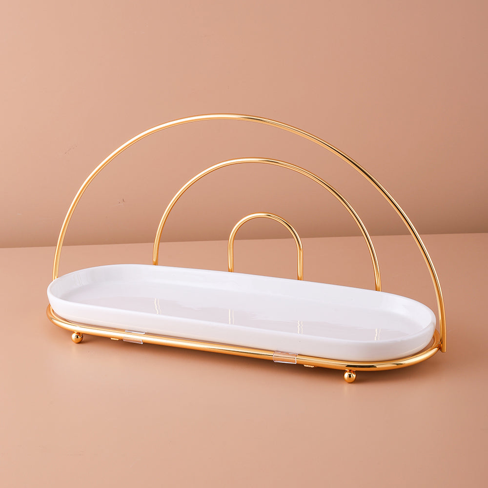 Single Horizontal Dessert Stand – Stainless Steel, White & Gold Finish