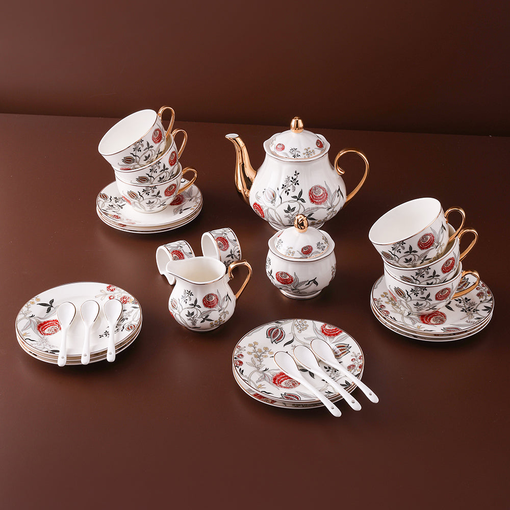Tea Set and Saucer Set Service , Teapot Sugar Bowl Cream Pitcher Teaspoons and Tea Strainer - Pumpkin Fluted Shape