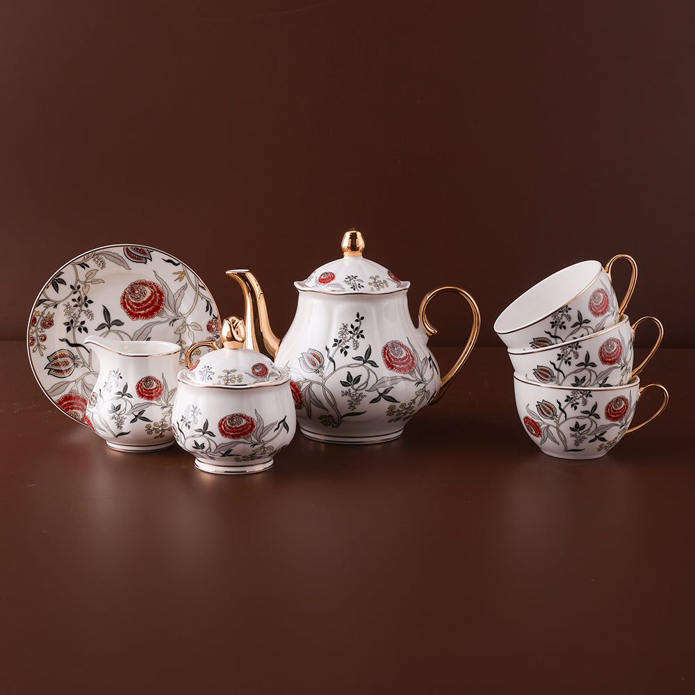 Tea Set and Saucer Set Service , Teapot Sugar Bowl Cream Pitcher Teaspoons and Tea Strainer - Pumpkin Fluted Shape