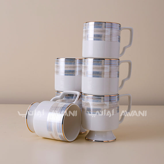 Luxury Ceramic Tea Cup & Saucer Set – 6-Piece | Elegant Modern Design | White Lite Blue and