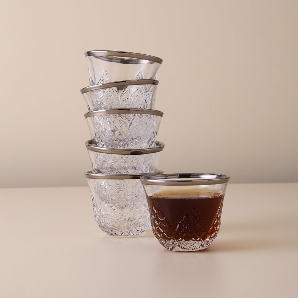 طقم أكواب قهوة زجاجية، تصميم فضي غير لامع، طقم أكواب قهوة زجاجية فاخر (بتصميم ورقة سفلية)