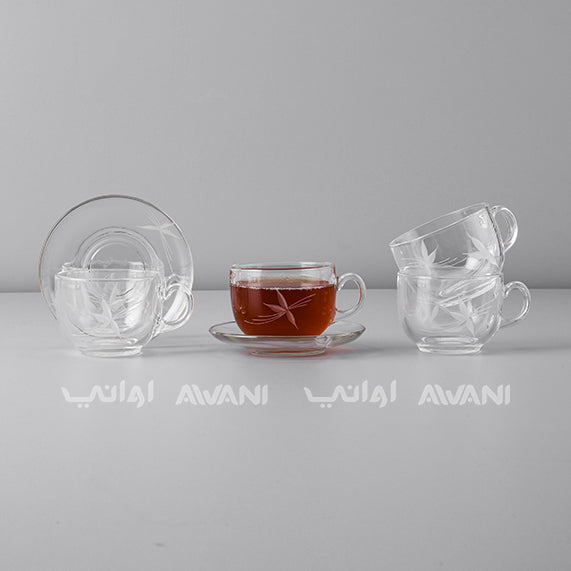 Elegant Clear Tea Glass & Saucer Set – Clear Trim & Impressed Leaf Design