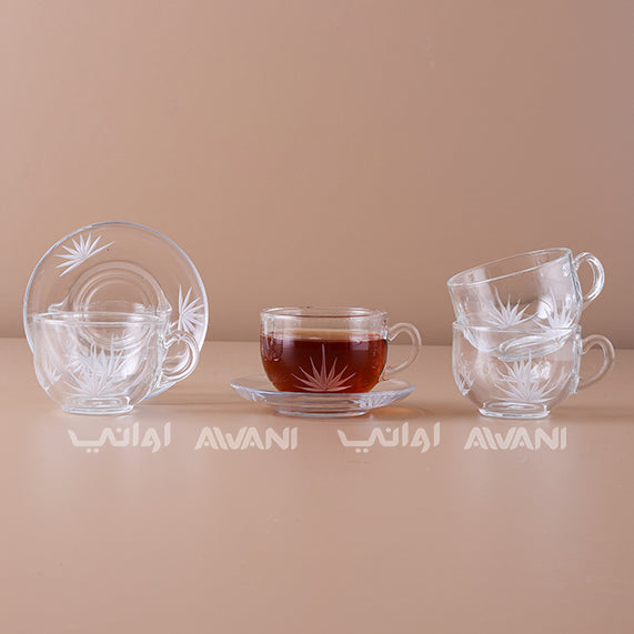 Crystal Tea Glass & Saucer Set with Clear and Elegant Leaf Design -Small