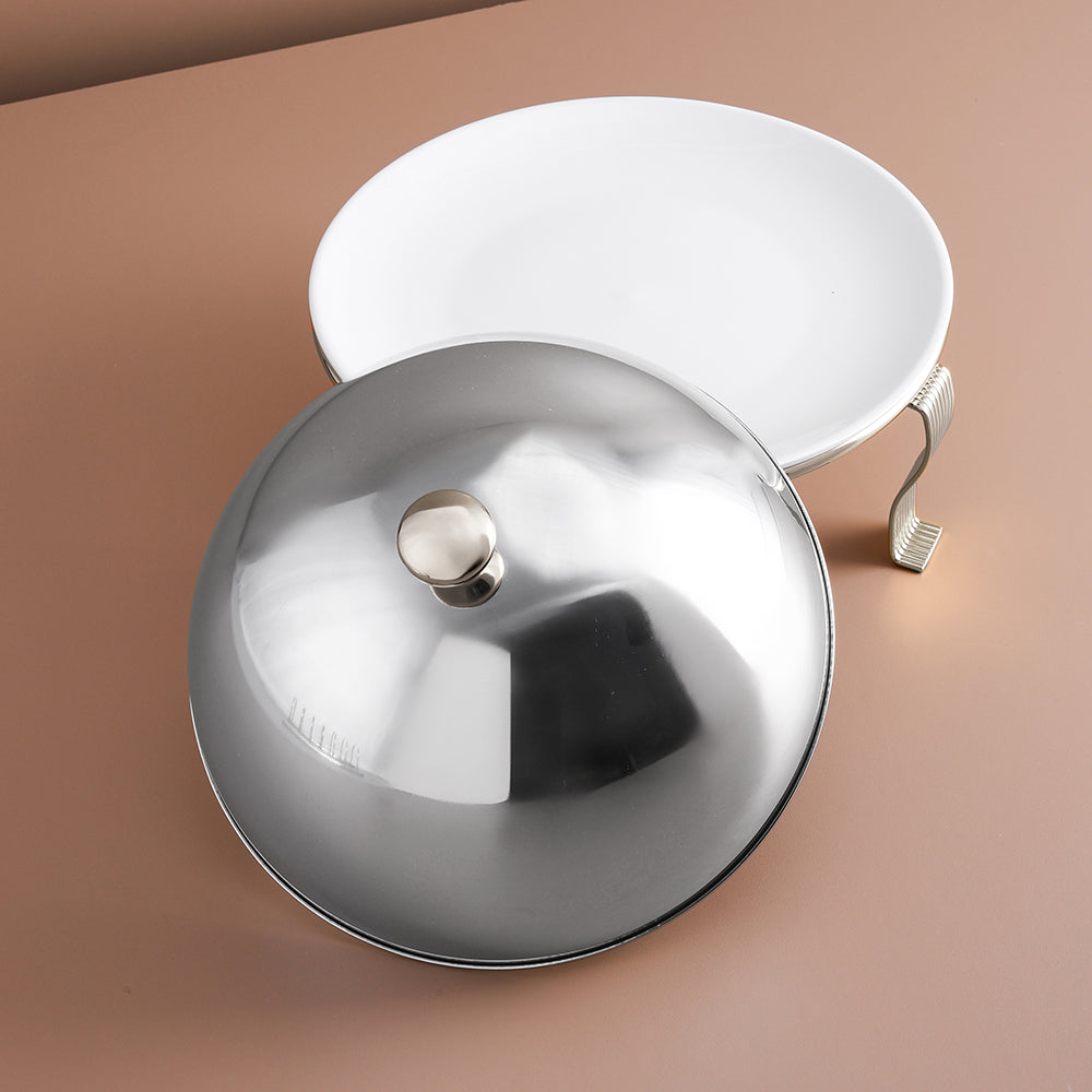 طبق تقديم فاخر فضي اللون مع غطاء واقٍ - كبير