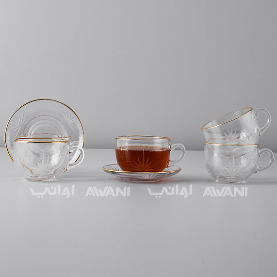 Tea Glass & Saucer Set - Milk Tea Glasses - Clear - Gold Rim Color