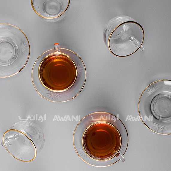 Tea Glass & Saucer Set - Milk Tea Glasses - Clear - Gold Rim Color