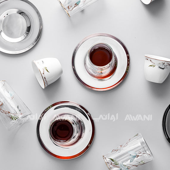 18-Piece Tea & Arabic Coffee Set – 6 Glass Tea Cups, 6 Cawa Cups, 6 Steel Saucers –| Elegant Floral Design |
