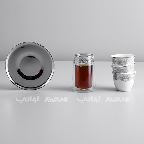 18-Piece Tea & Arabic Coffee Set – 6 Glass Tea Cups, 6 Cawa Cups, 6 Steel Saucers –| Elegant Floral Design | Gray Color