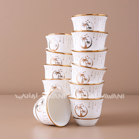 Palm Elegance: 12-Piece Arabic Coffee Cup Set with Gold Accents & Palm Motif (6cm)