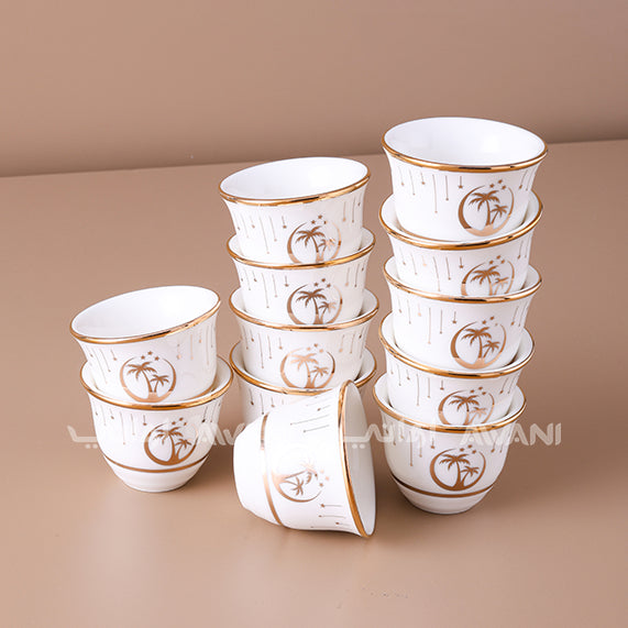 Palm Elegance: 12-Piece Arabic Coffee Cup Set with Gold Accents & Palm Motif (6cm)