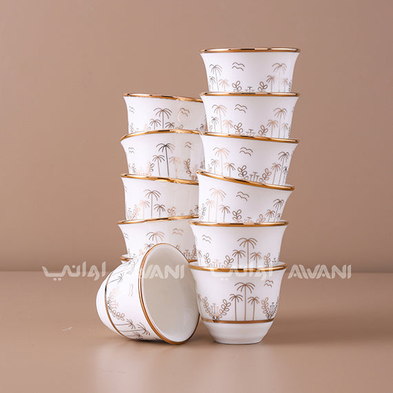 12-Piece Arabic Coffee Cup Set with Palm & Gold Accents | Gold Rim