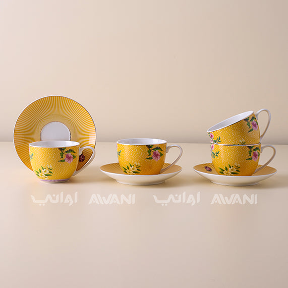 Elegant Yellow Tea Cup & Saucer Set – Floral & Ladybug Design