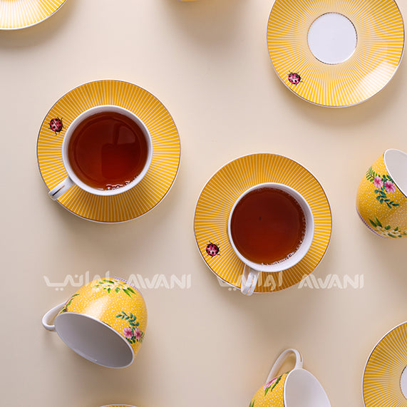 Elegant Yellow Tea Cup & Saucer Set – Floral & Ladybug Design