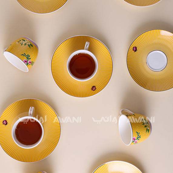 Elegant Yellow Tea Cup & Saucer Set – Floral & Ladybug Design