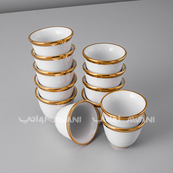 Cawa Elegance: 12-Piece Arabic Cawa Cup Set with Gold Rim Top and Bottom