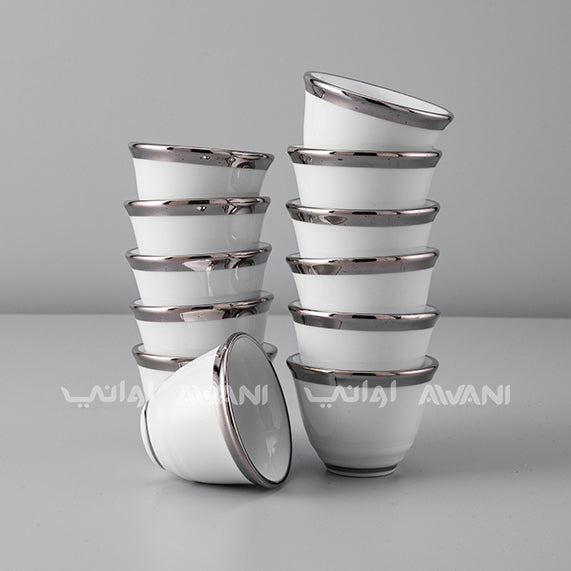 Cawa Elegance: 12-Piece Arabic Coffee Cup Set with Silver Top and Bottom Rim