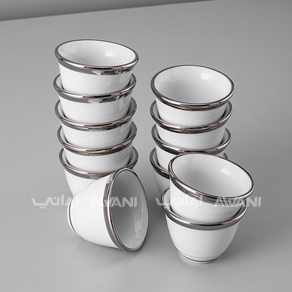 Cawa Elegance: 12-Piece Arabic Coffee Cup Set with Silver Top and Bottom Rim