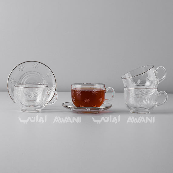 Elegant Clear Tea Glass & Saucer Set – Clear Trim & Impressed Star Design