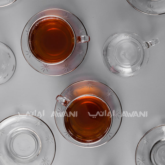 Elegant Clear Tea Glass & Saucer Set – Clear Trim & Impressed Star Design
