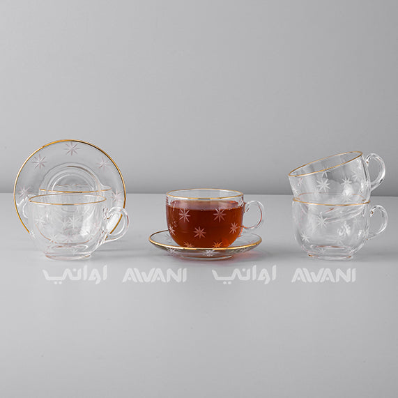 Tea Glass & Saucer Set - Clear Milk Tea Glasses with Star Design and Gold Rim.