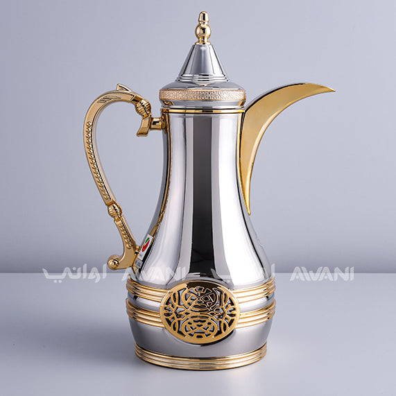Arabic Vacuum Flask – 1 Liter | Leakproof Dallah | Silver & Gold | Elegant Embossed Design