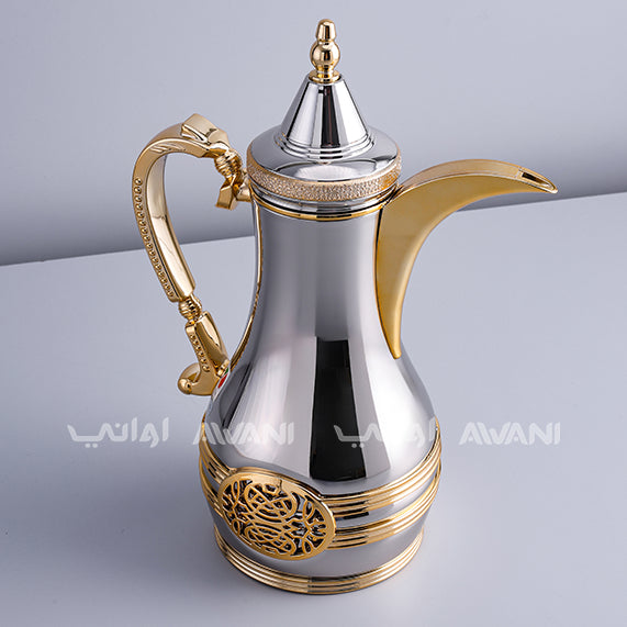 Arabic Vacuum Flask – 1 Liter | Leakproof Dallah | Silver & Gold | Elegant Embossed Design