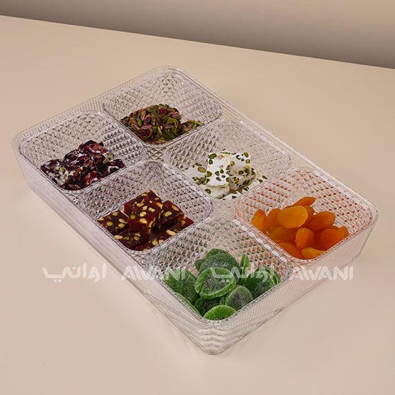 Elegant crystal-clear acrylic serving tray - 6 compartments - dry fruits, sweets, and snacks