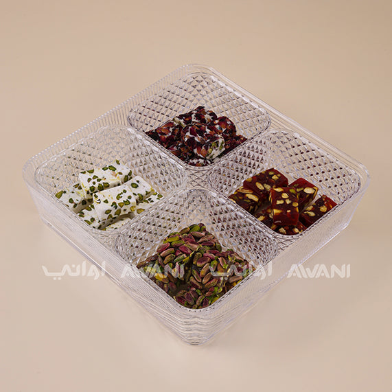 Elegant crystal-clear acrylic serving tray - 4 compartments | dry fruits, nuts, sweets, or snacks