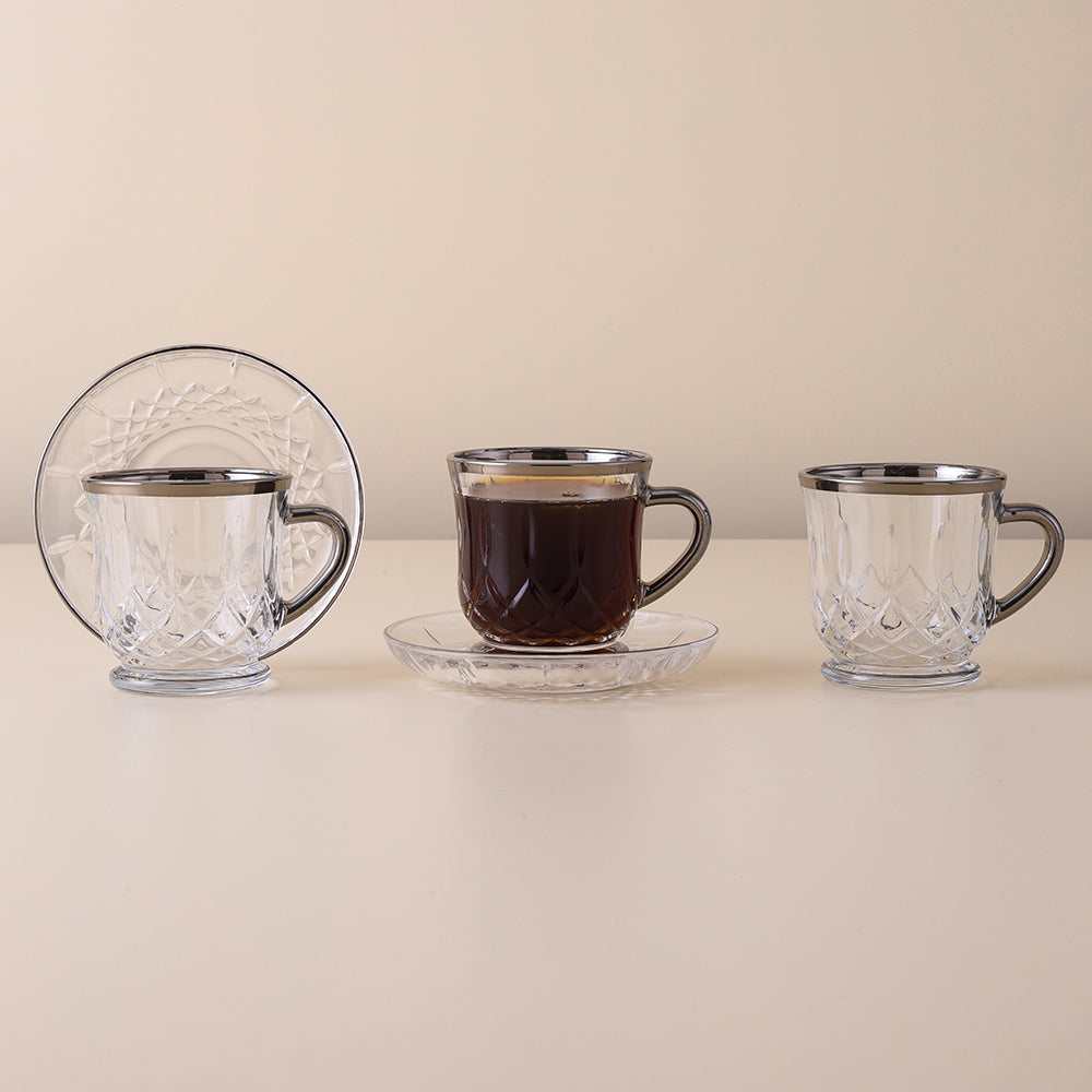 Tea Glass & Saucer Set - Bottom Cross Line Box Design - Sets - Tea Glasses - Clear - Matt Silver Color (Small)