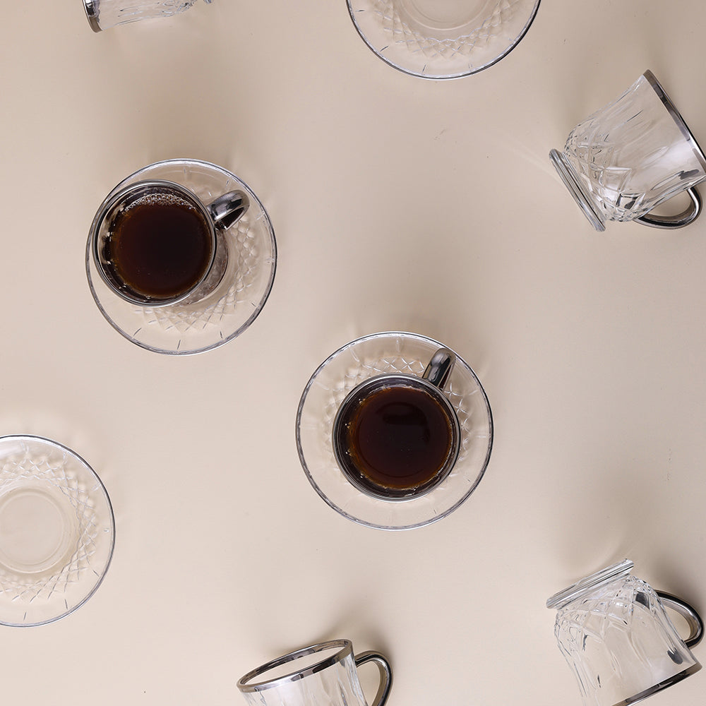 Tea Glass & Saucer Set - Bottom Cross Line Box Design - Sets - Tea Glasses - Clear - Matt Silver Color (Small)