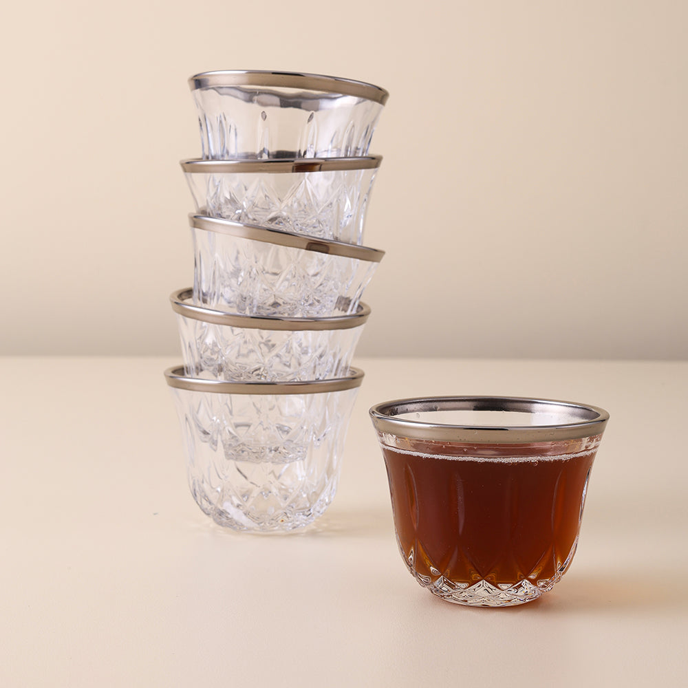 Glass Cawa Cup Set, Matt Silver Design Glass Cawa Cup, Luxury Cawa Cup Set