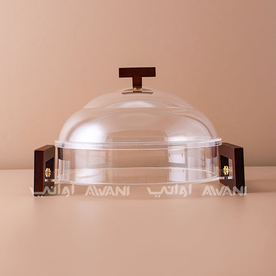 Round LuxeClear Acrylic & Walnut | Candy Box Display Server with Dome Lid - Big
