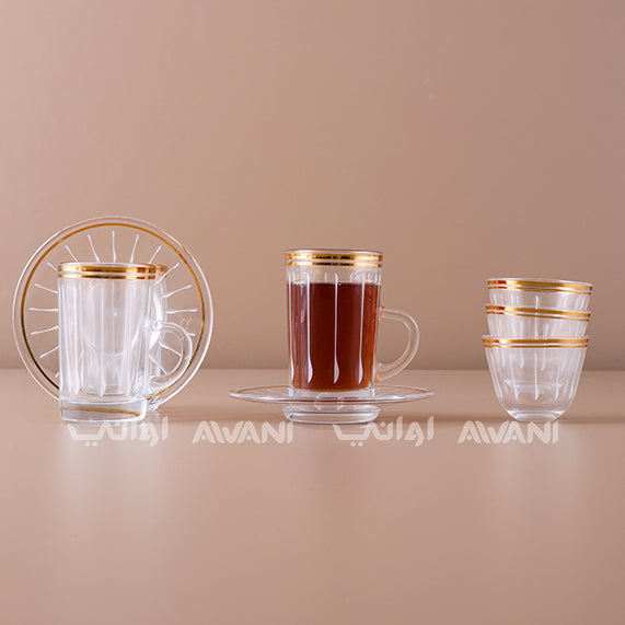 Crystal Tea Glass & Saucer Set with Gold Rim and Elegant White line Design