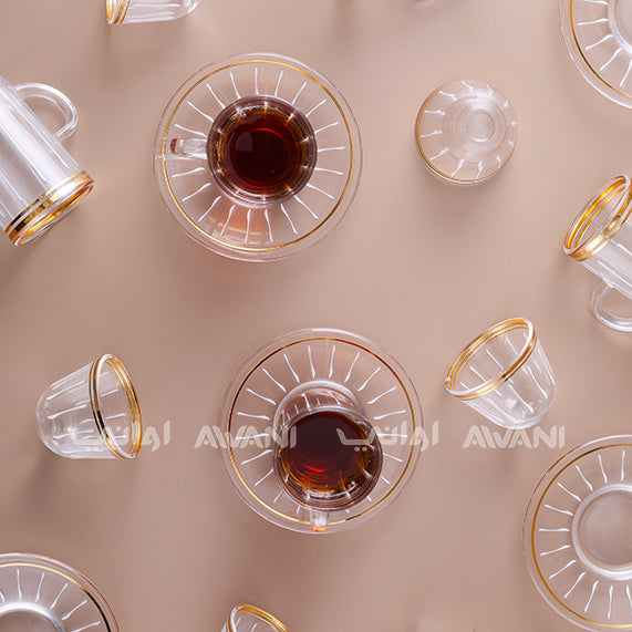 Crystal Tea Glass & Saucer Set with Gold Rim and Elegant White line Design