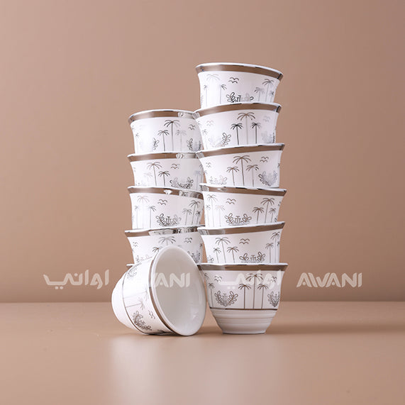 Cawa Elegance: 12-Piece Arabic Cawa Cup Dates Tree Design Silver Rim