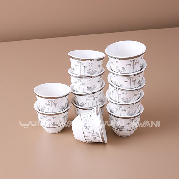 Cawa Elegance: 12-Piece Arabic Cawa Cup Dates Tree Design Silver Rim