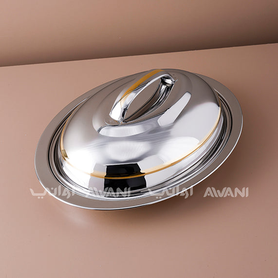 Stainless Steel Oval Serving Dish with Lid – Silver with Gold Line - 40 Cm