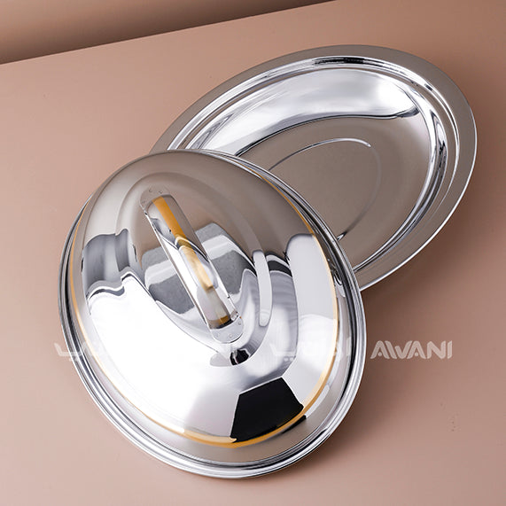 Stainless Steel Oval Serving Dish with Lid – Silver with Gold Line - 40 Cm