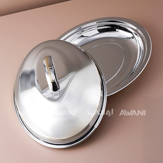 Stainless Steel Oval Serving Dish with Lid – Silver with Gold Line - 50 Cm