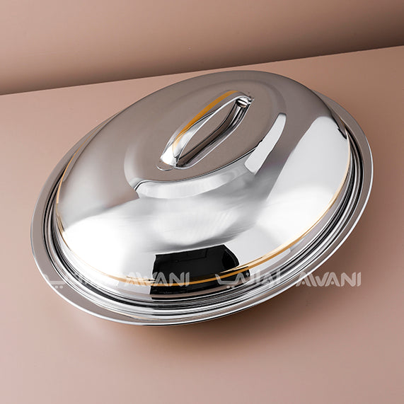 Oval Stainless Steel Serving Dish with Lid – Silver & Gold Trim, 60 cm