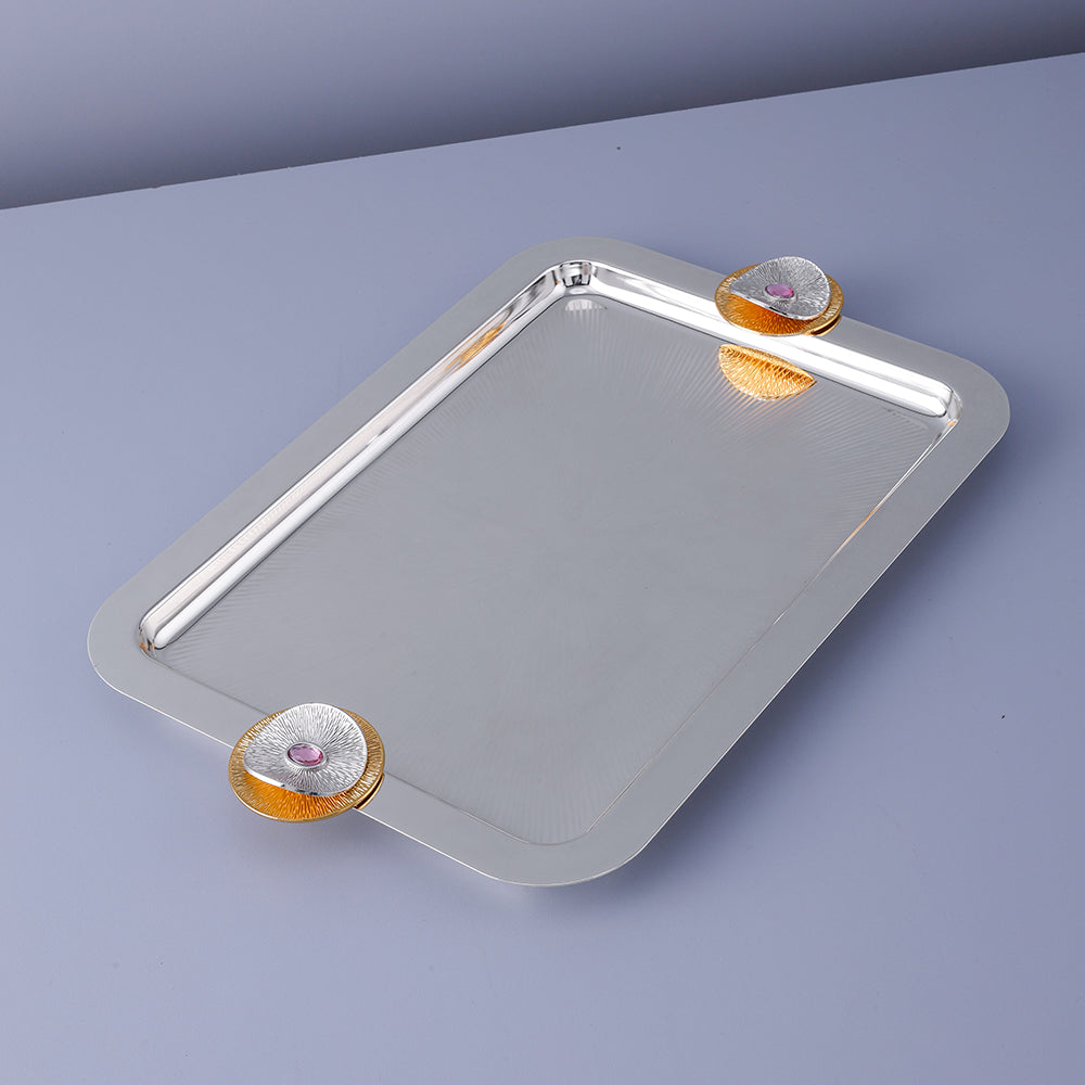 Silver Edge Rectangle & Round Handle Serving Tray Set – Silver & Gold Design