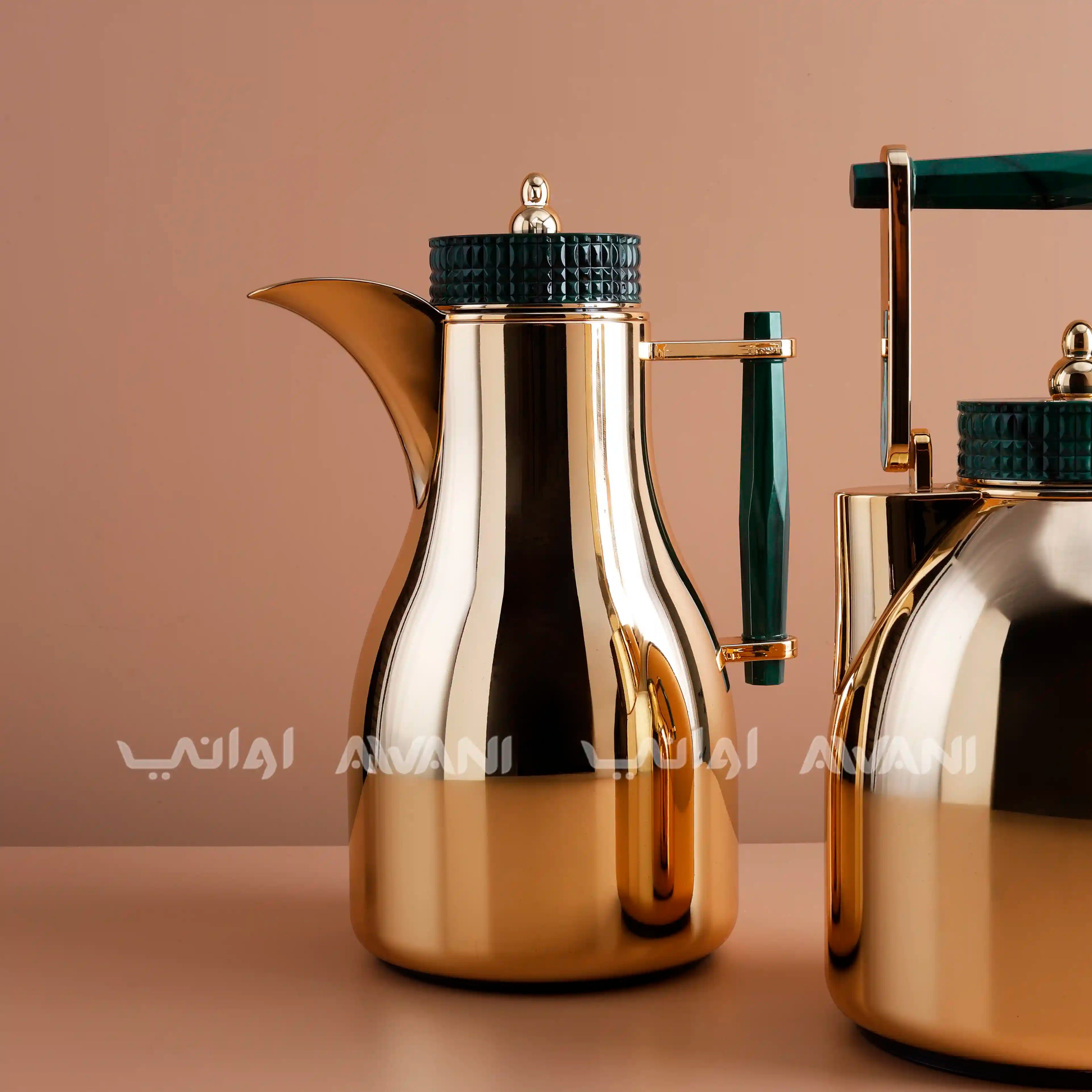 Stainless Steel Dallah Set - Green +Gold
