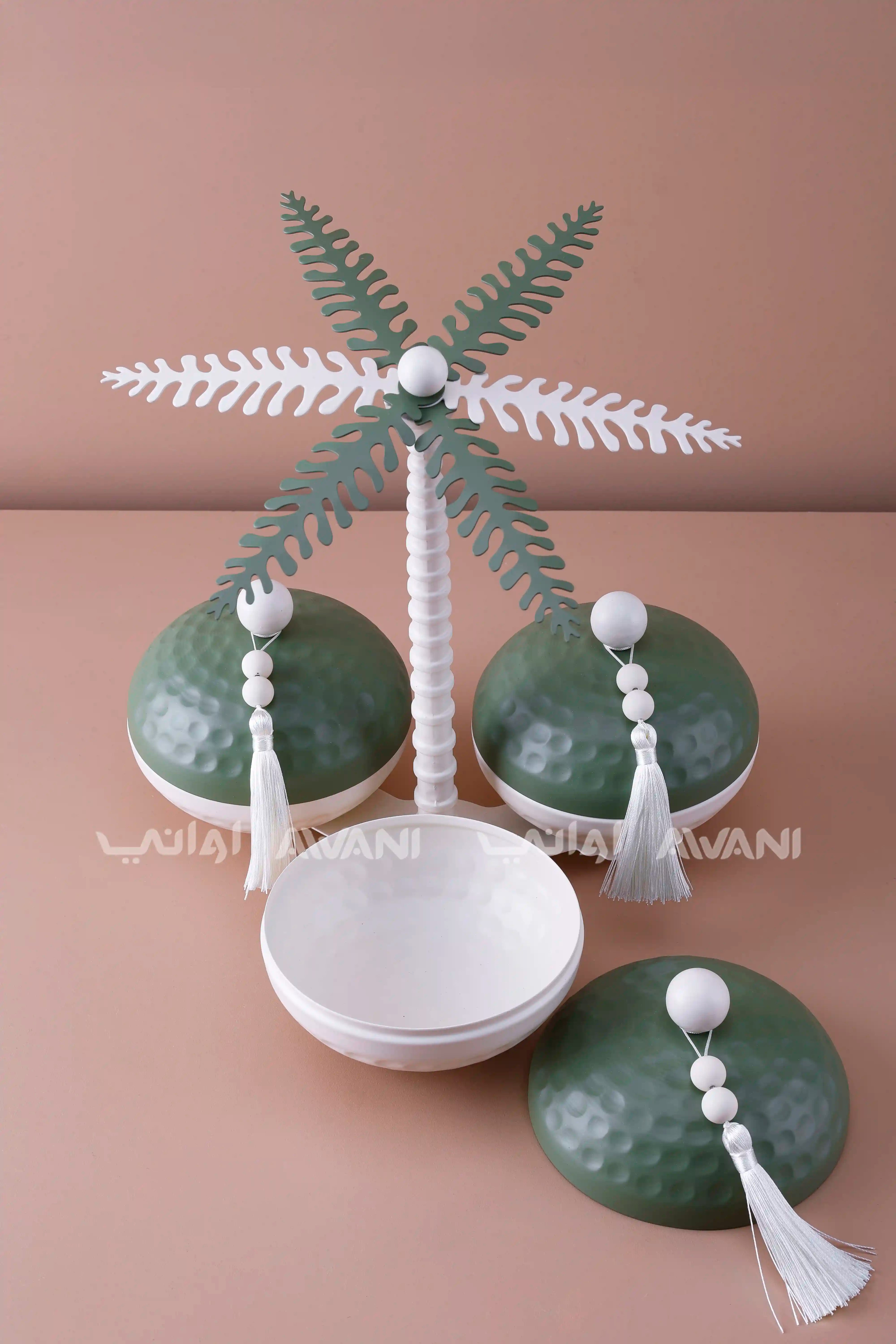 Palm Tree Ceramic Snack Server with Green Lids
