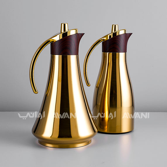 Elegant Wood Thermal Flask - Wood color and Gold Handle  |  Insulated Carafe with Sleek Handle – 700+ 700 ML (2Pcs)