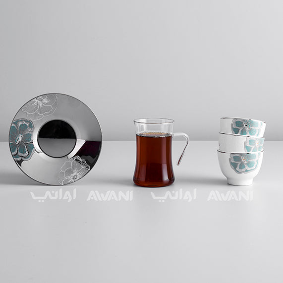 18-Piece Tea & Arabic Coffee Set – 6 Glass Tea Cups, 6 Cawa Cups, 6 Steel Saucers –| Elegant Floral Design | Green Flower Design