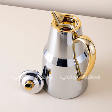 Luxury Stainless Steel Arabic Coffee Dallah with Silver and Gold Accents – 1.3 L