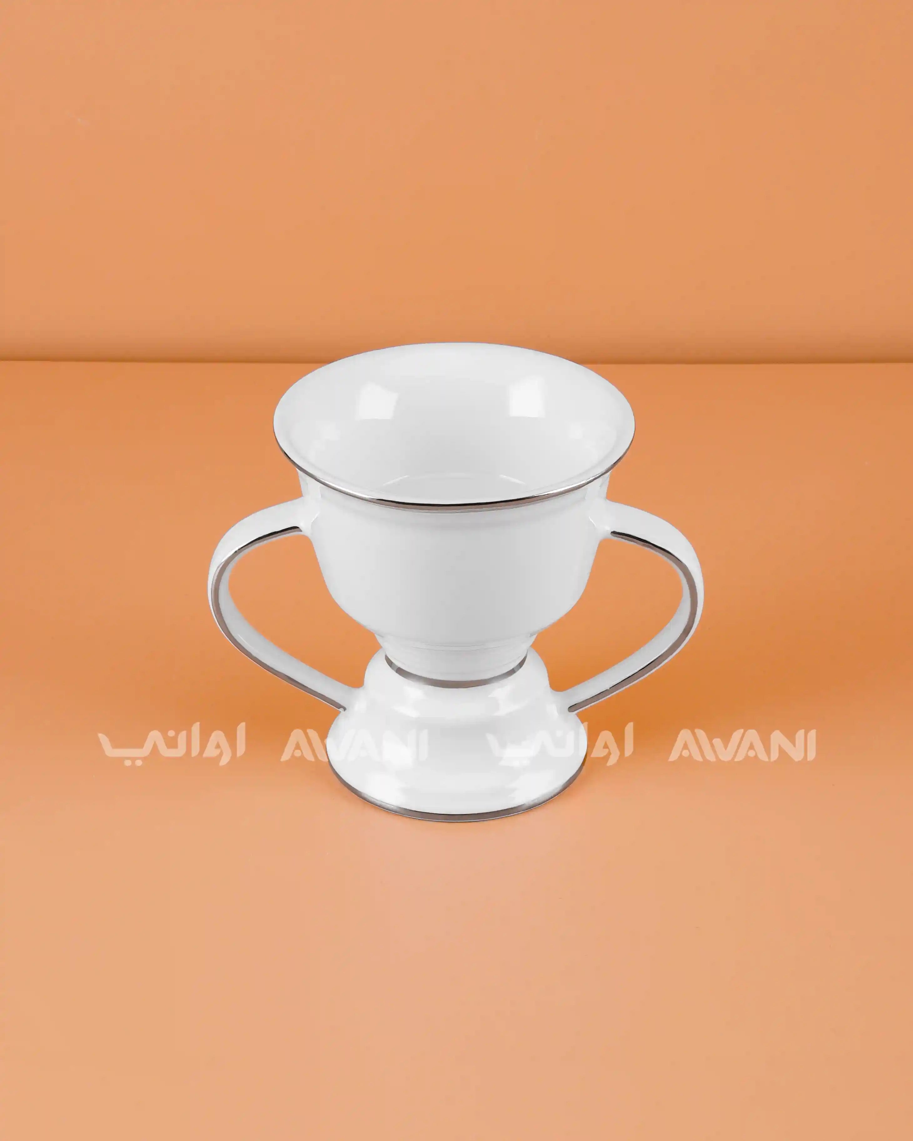 White ceramic cup with silver rim and handle Burner Holder