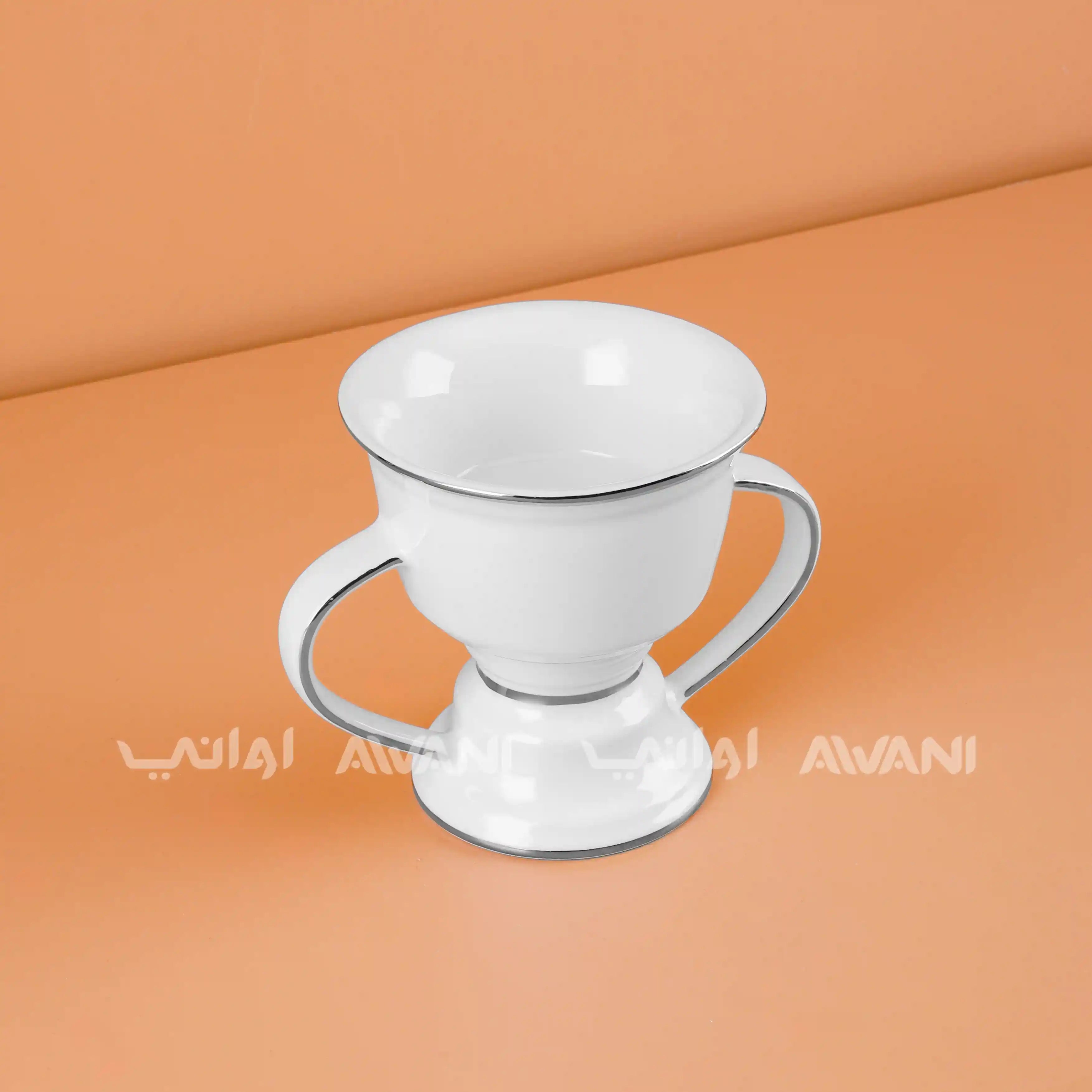 White ceramic cup with silver rim and handle Burner Holder