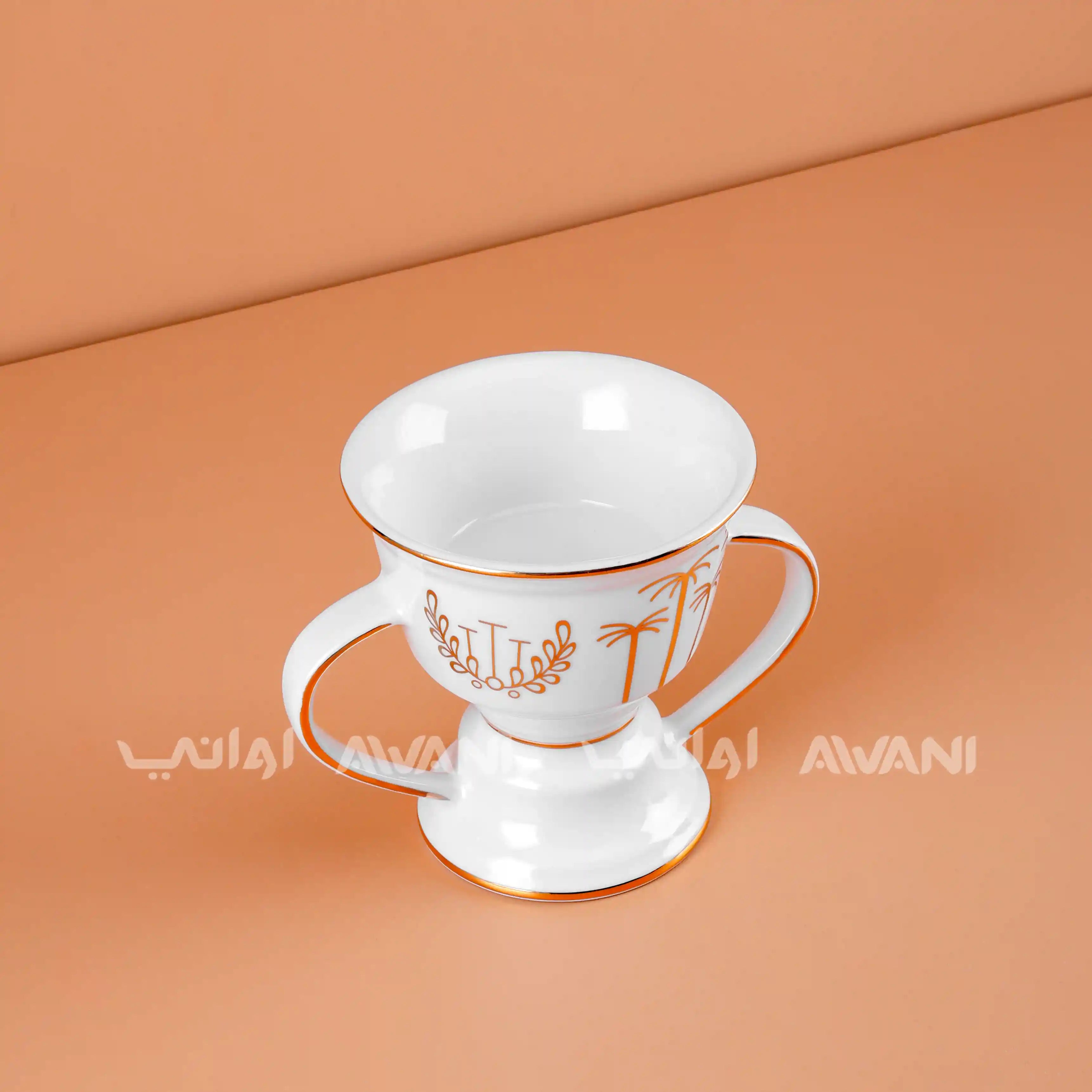 White ceramic cup with gold palm tree design  and handle Burner Holder